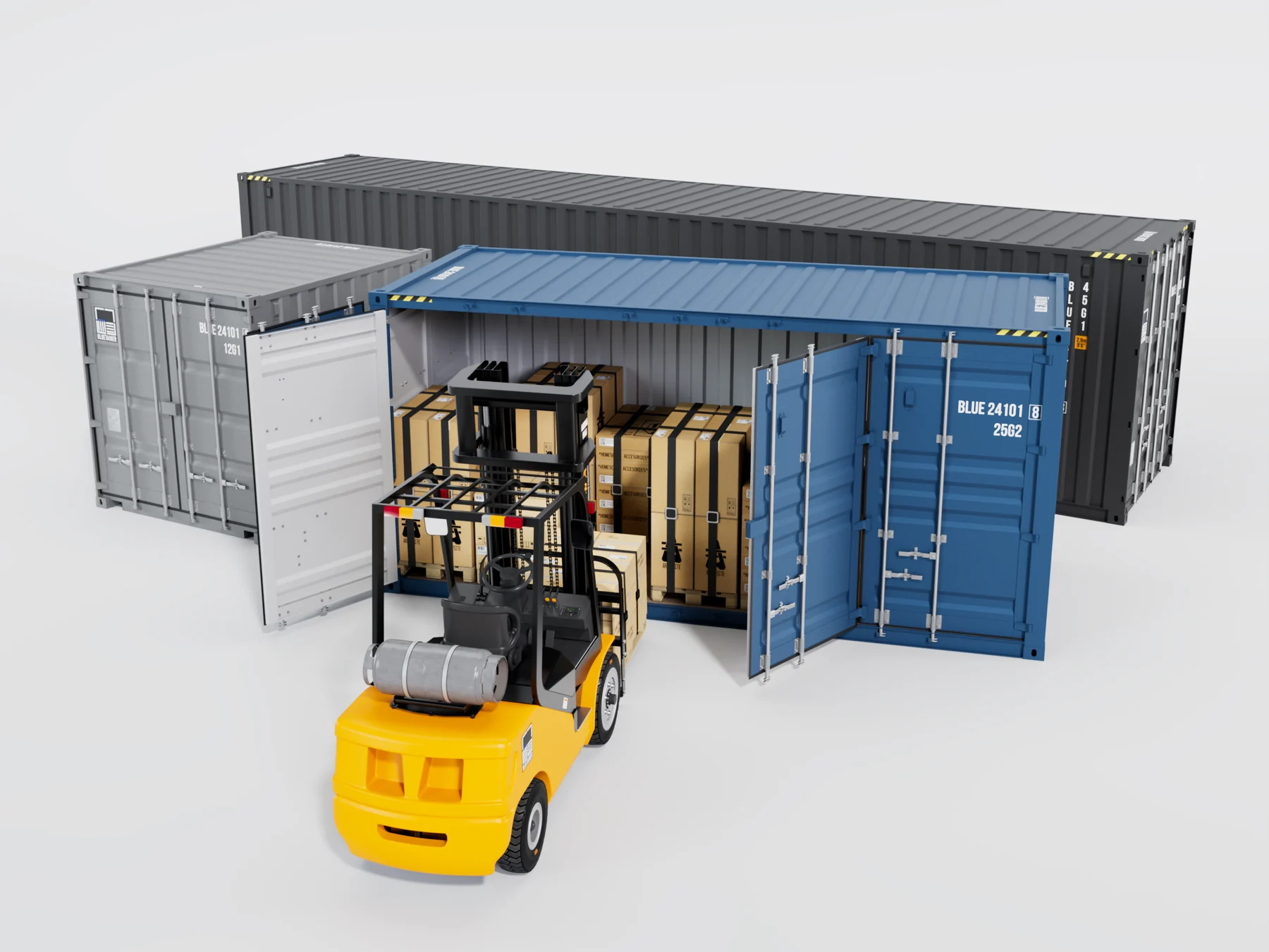 Bluetainer container trading operation with multiple ISO formats and active handling