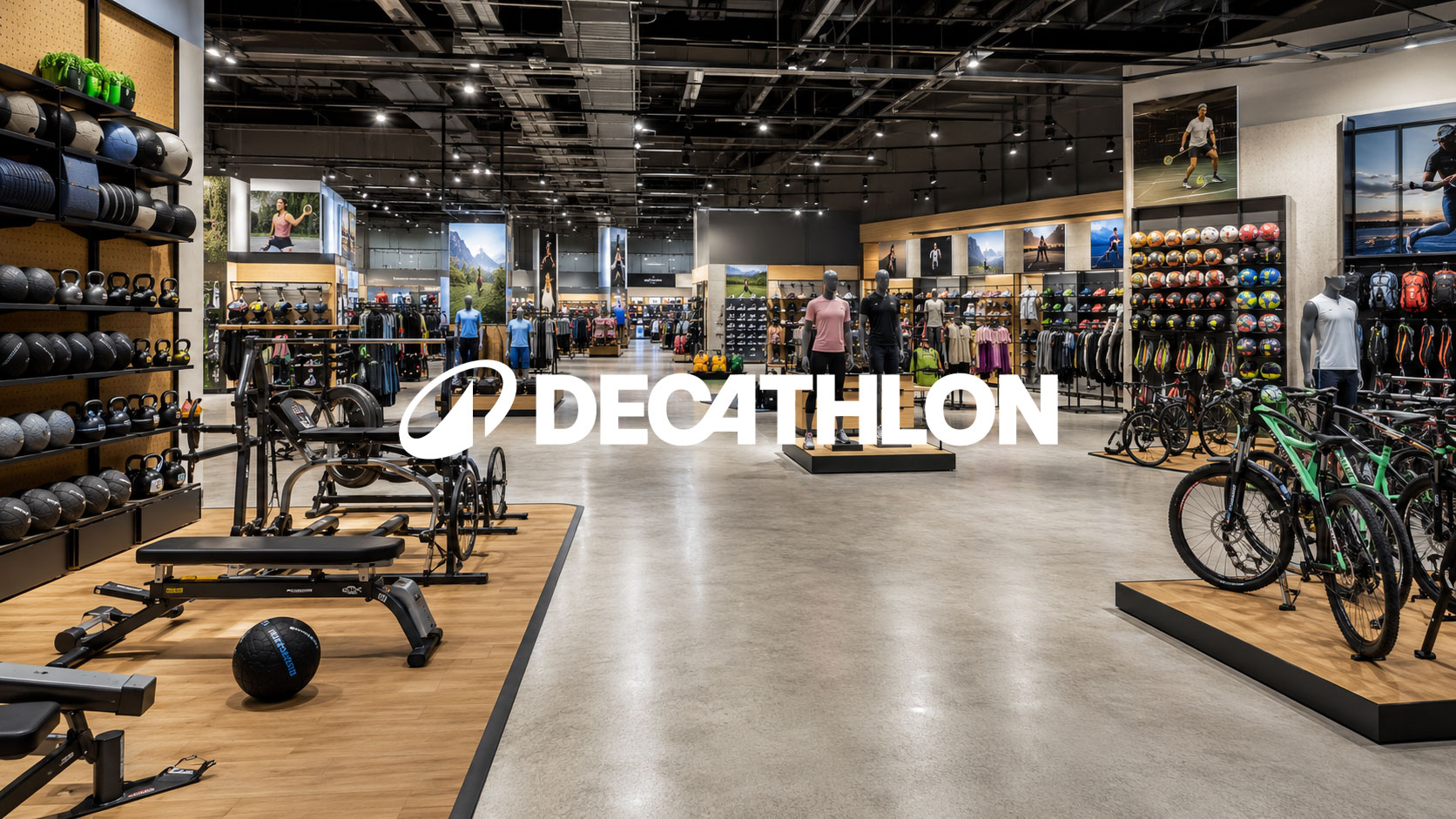 Decathlon sports retail environment with equipment displays
