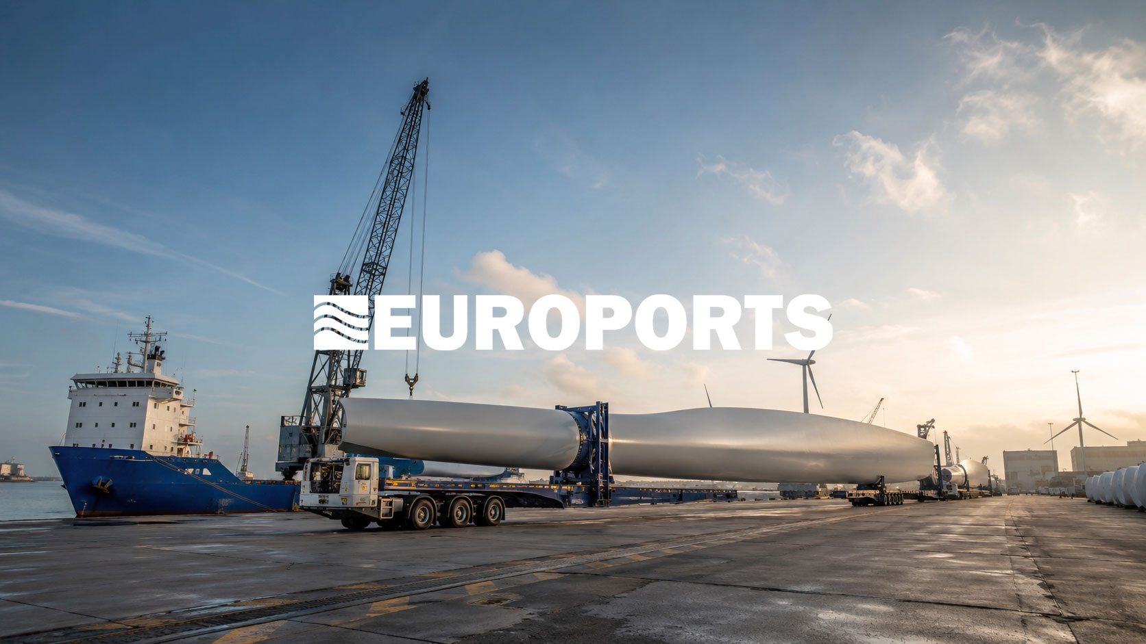 Euroports terminal handling wind turbine components beside a vessel